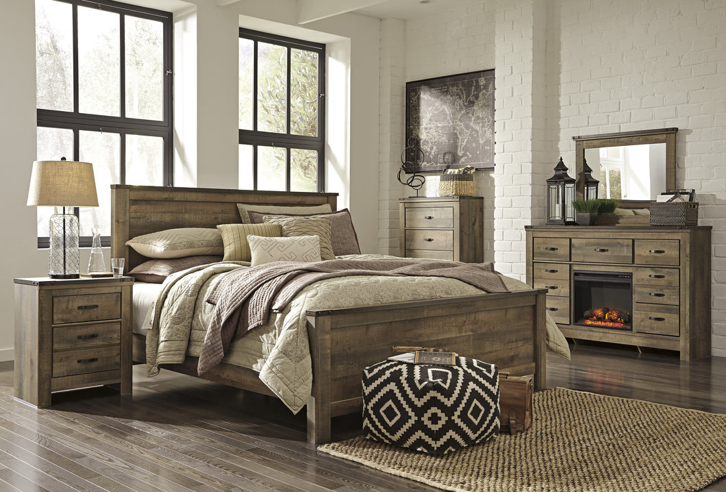 Cremona Brown Casual Bedroom Set: King Panel Bed, Dresser, with Fireplace  Mirror, Nightstand, Chest