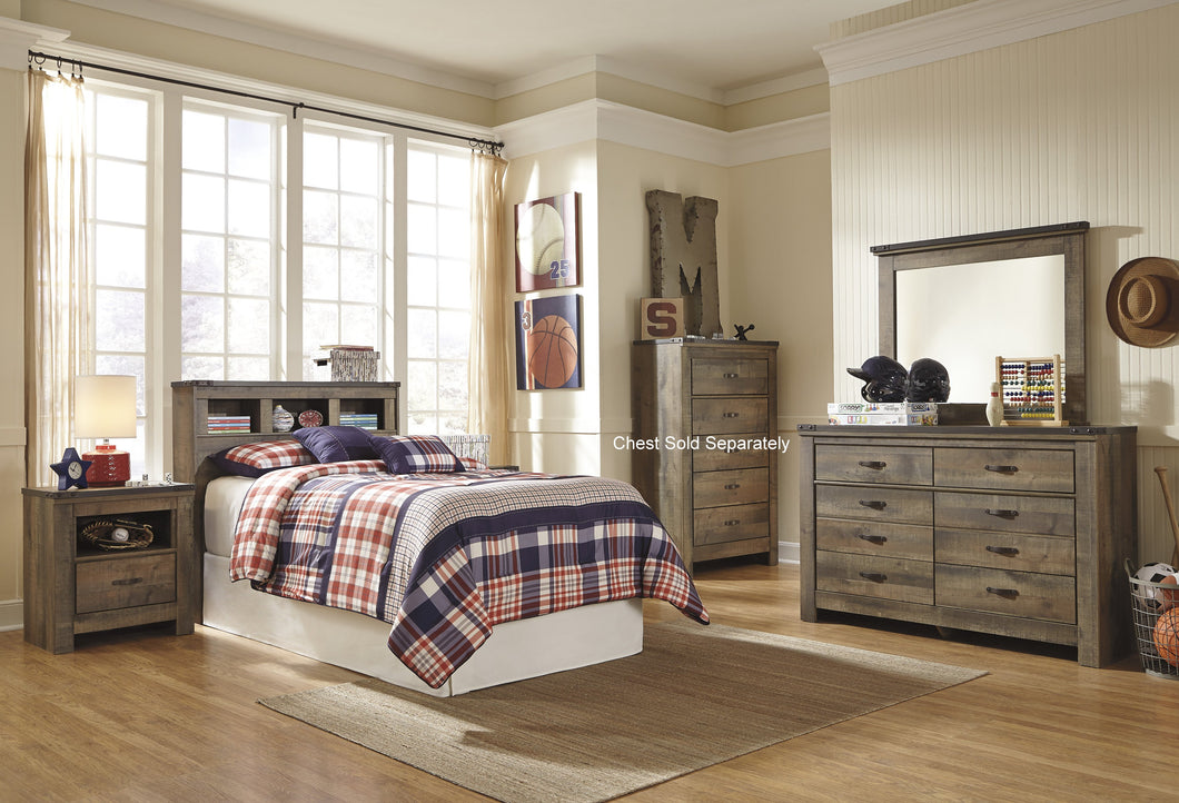 Cremona Brown Casual Bedroom Set: Twin Bookcase Headboard, Dresser, Mirror, Nightstand