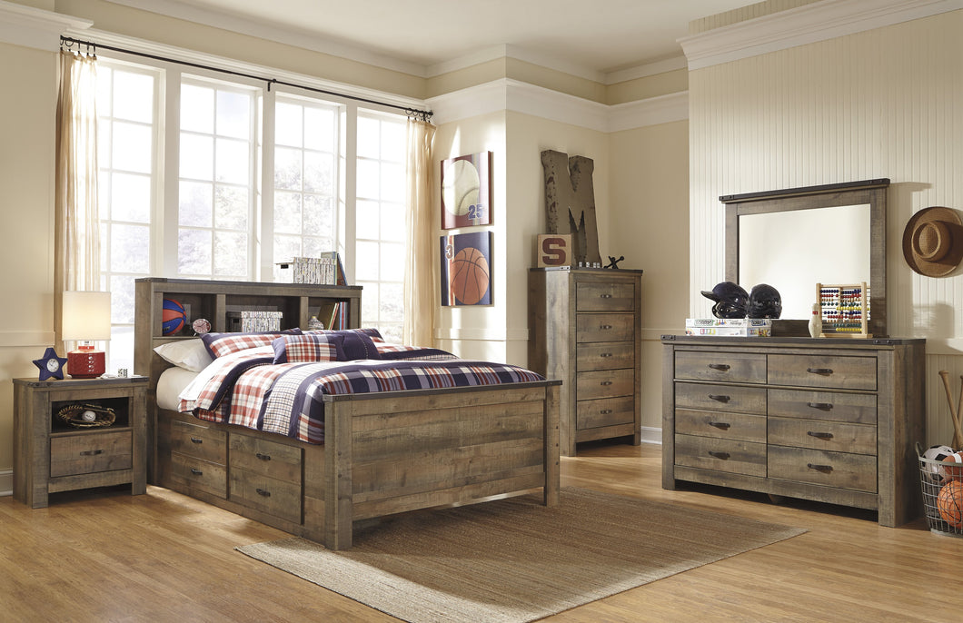 Cremona Brown Casual Bedroom Set: Twin Bookcase Bed with 2 Drawer Storage, Dresser, Mirror, 2 Nightstands, Chest