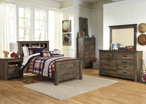 Cremona Brown Casual Bedroom Set: Twin Bookcase Bed, Dresser, Mirror, Nightstand, Chest