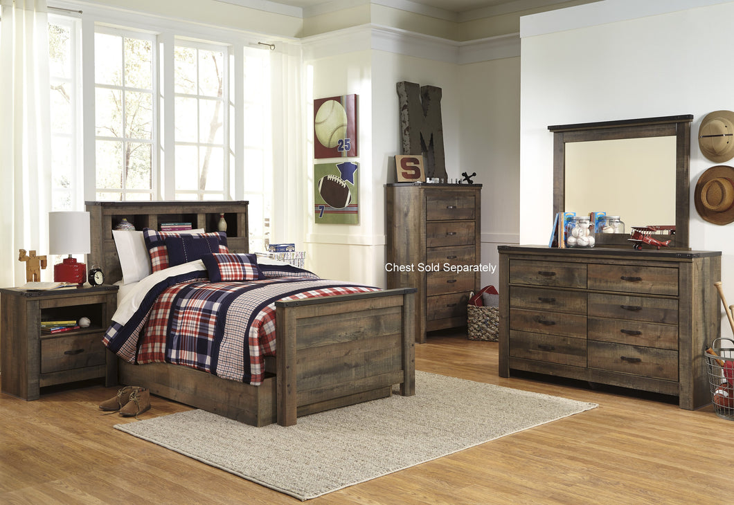 Cremona Brown Casual Bedroom Set: Twin Bookcase Bed with Underbed Storage, Dresser, Mirror, 2 Nightstands