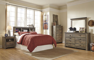 Cremona Brown Casual Bedroom Set: Full Bookcase Headboard, Dresser, Mirror, 2 Nightstands, Chest