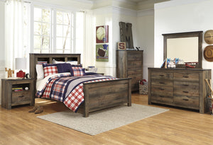 Cremona Brown Casual Bedroom Set: Full Bookcase Bed, Dresser, Mirror, 2 Nightstands, Chest