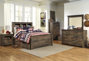 Cremona Brown Casual Bedroom Set: Full Bookcase Bed with Underbed Storage, Dresser, Mirror, Nightstand, Chest