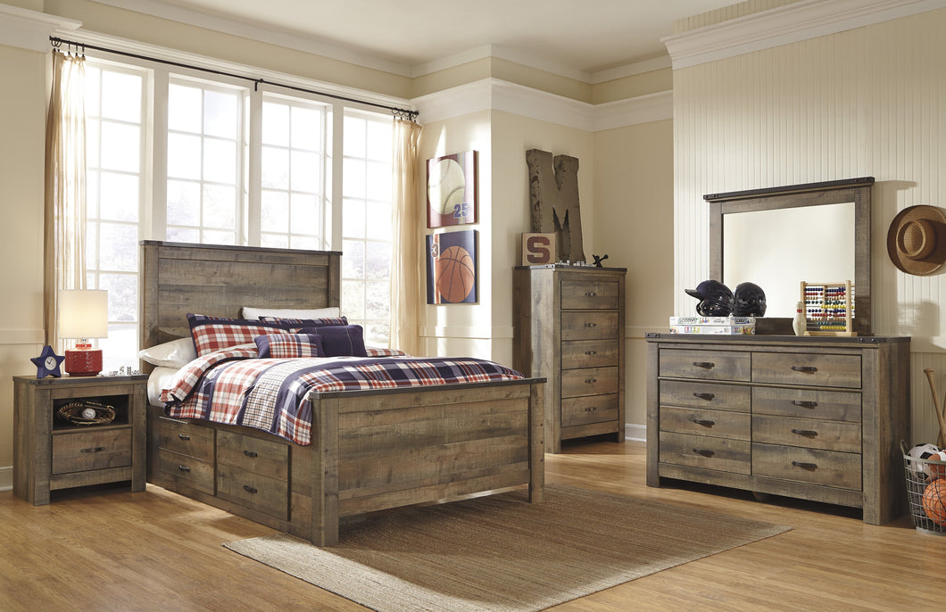 Cremona Brown Casual Bedroom Set: Full Panel Bed with 2 Drawer Storage, Dresser, Mirror, Nightstand, Chest