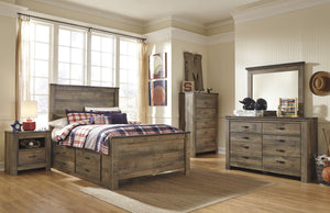 Cremona Brown Casual Bedroom Set: Full Panel Bed with 2 Drawer Storage, Dresser, Mirror, 2 Nightstands, Chest