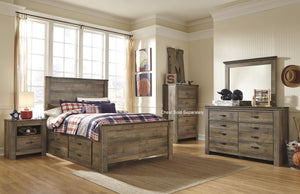Cremona Brown Casual Bedroom Set: Full Panel Bed with 2 Drawer Storage, Dresser, Mirror, Nightstand