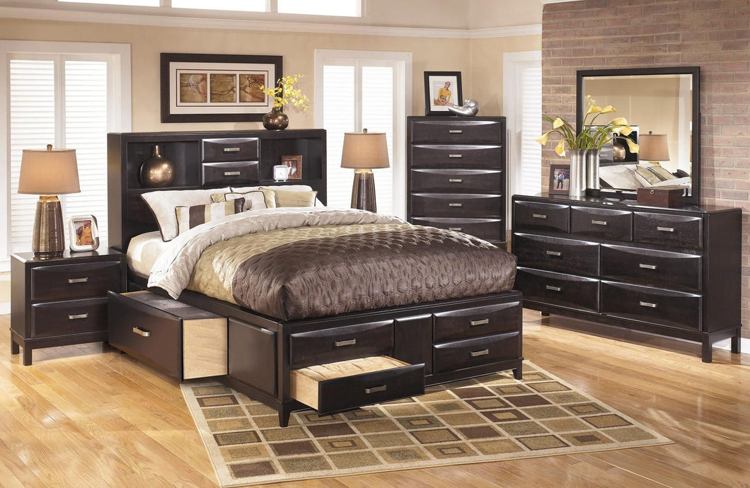 Kira 4-Piece Bedroom Set with King Size Storage Bed, Dresser, Mirror and Nightstand in Black