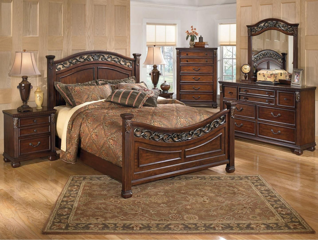 Leahlyn Queen Bedroom Set with Panel Bed Dresser, Mirror and Nightstand in Warm Brown
