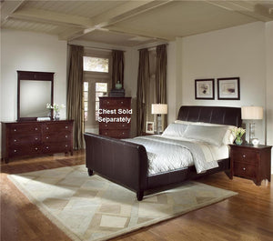 4pc Cherry Finish Bundled Leather  Bedroom Set (King Bed  Dresser  Mirror  Night Stand)