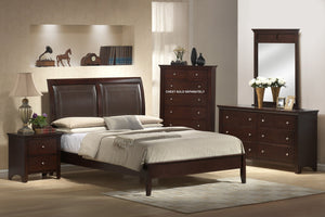 4pc Wood Leather Bed Room Set (King Bed Dresser Mirror Night Stands)