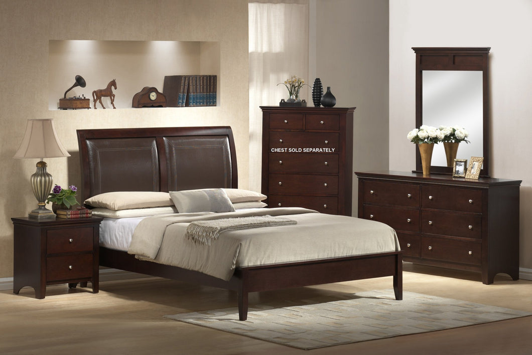 4pc Wood Leather Bed Room Set (Queen Bed Dresser Mirror Night Stand)