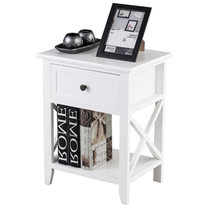 Classic Wooden White 1-Drawer Open Shelf End Table Nightstand