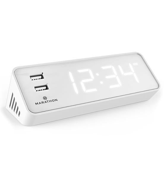 Marathon LED Alarm Clock with Two USB Ports – White