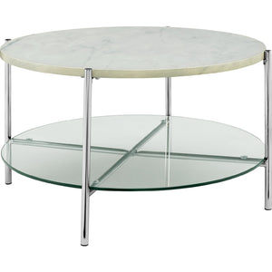 2-Piece Round Coffee Table Set  - White Faux Marble / Chrome