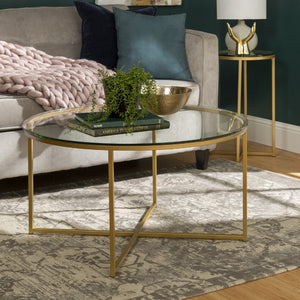 2-Piece Round Coffee Table Set - Glass / Gold