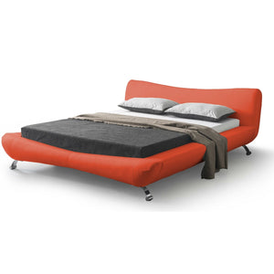 King size Red Faux Leather Platform Bed with Modern Upholstered Headboard