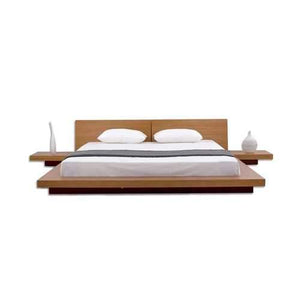 King size Modern Japanese Style Platform Bed with Headboard and 2 Nightstands in Oak