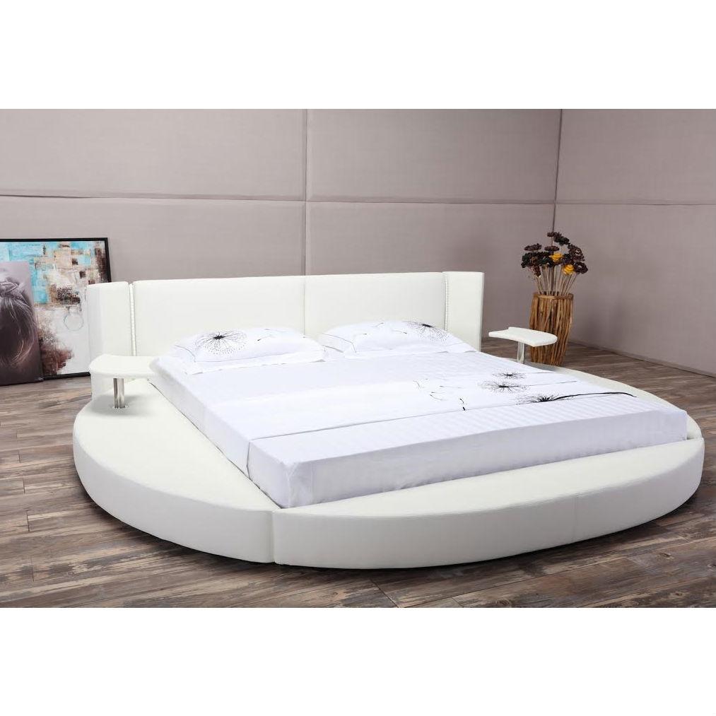King size Round White Faux Leather Platform Bed with LED Headboard and Nightstands
