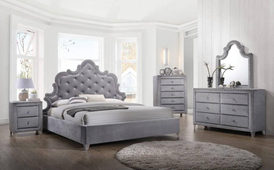 Sophie Collection SOPHIEKPBDMN 4-Piece Bedroom Set with King Panel Bed, Dresser, Mirror and Single Nightstand in Grey