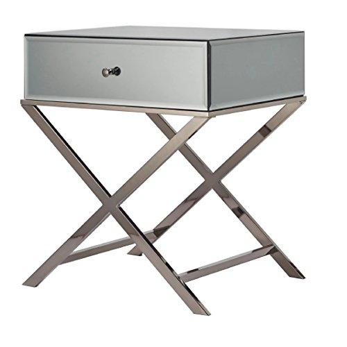 Contemporary Glass Mirrored Accent Nightstand End Table with 1 Drawer and X Metal Legs  (Smoke Black)