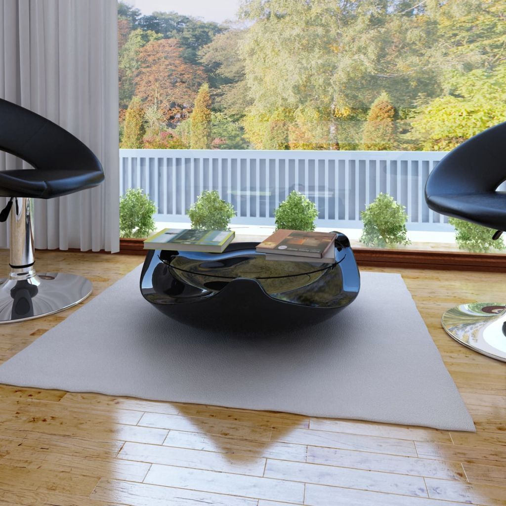 Coffee Table Fibre Glass with Round Glass Top High Gloss Black