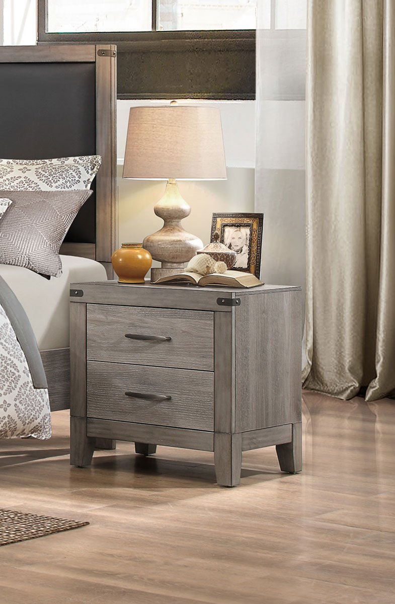 2 Drawer Wooden Night Stand With Metal Handle, Weathered Gray