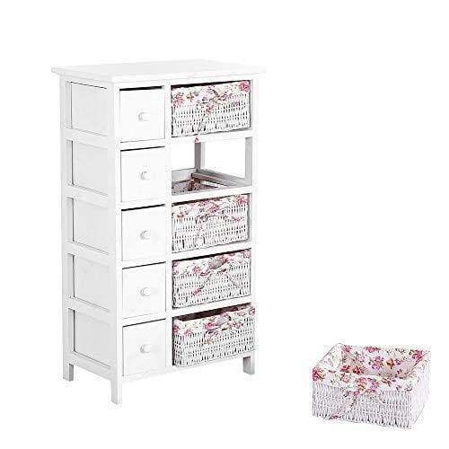 mecor Bedside Cabinet White 5-Layer Chest of Drawers with Wicker Baskets (5 drawers & 5 Wicker Storages)