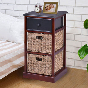 3 Tiers Wood Nightstand With 1 Drawer 2 Baskets Modern Bedside End Table Organizer Brown Bedroom