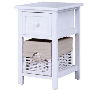 2 Tier 1 Drawer Bedside Organizer Wood Nightstand w/ Basket-White