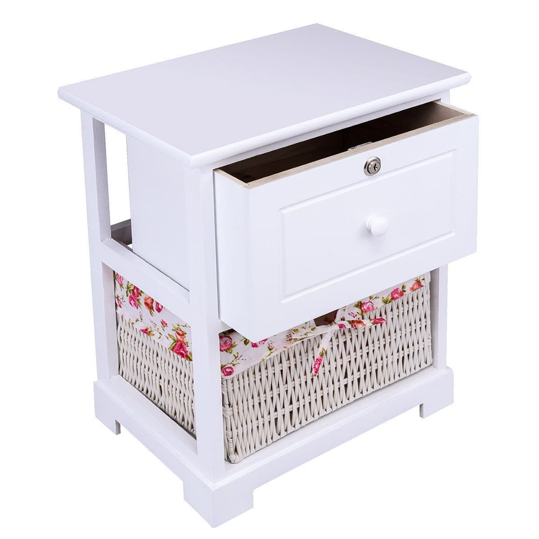 2 Tiers 1 Drawer Bedside Wood Nightstand w/ Basket-White