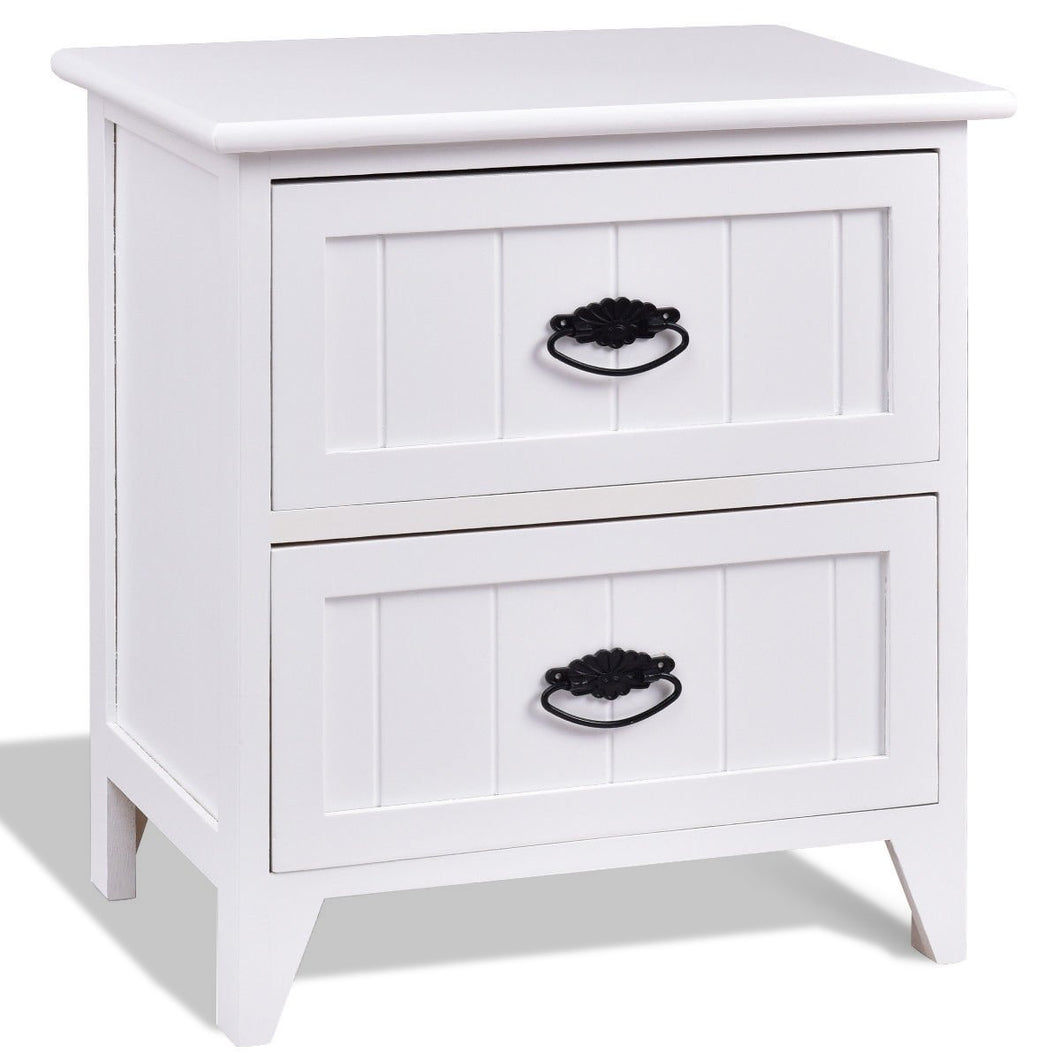 2 Drawers Storage Wood End Side Nightstand-White