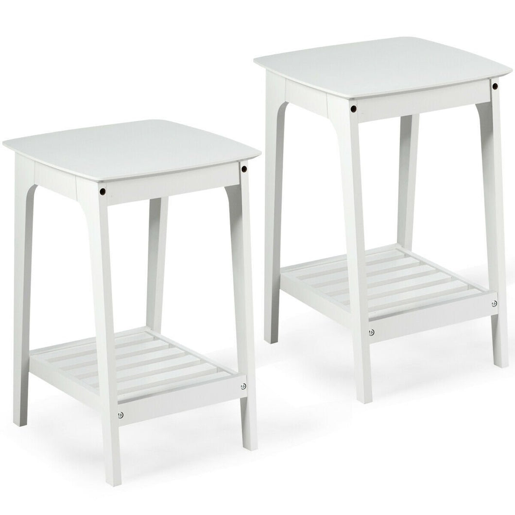 Set of 2 Side End Tables with Lower Storage Shelf-White