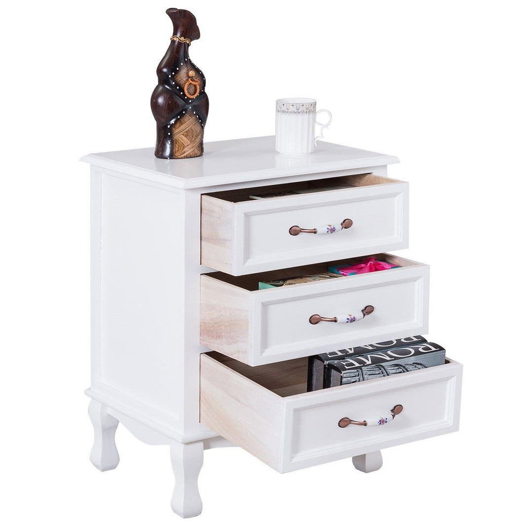 Storage Solid Wood End Nightstand w/ 3 Drawers -White